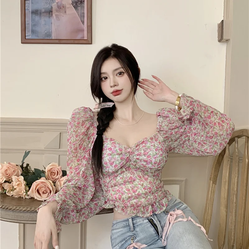

Женский Повседневный укороченный топ с цветочным принтом, блузка со складками, квадратным вырезом и длинным рукавом, осенняя одежда