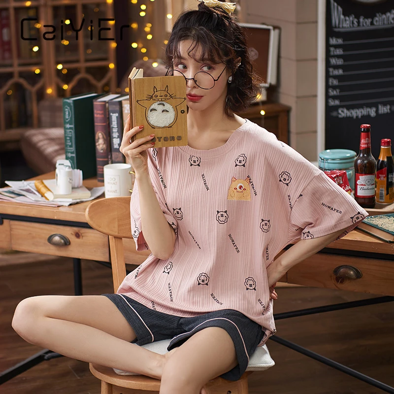 CAIYIER Summer Women Pajamas Set Cute Cartoon Print Sleepwear Short Sleeve Shorts Girl Nightwear Homewear Leisure Sexy Hot Pants