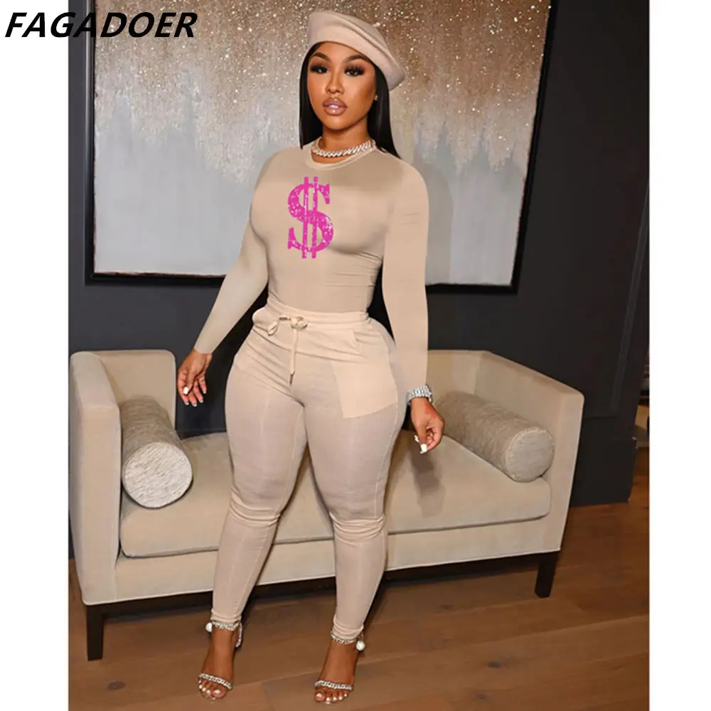 Однотонный женский облегающий комплект из двух предметов FAGADOER весенние