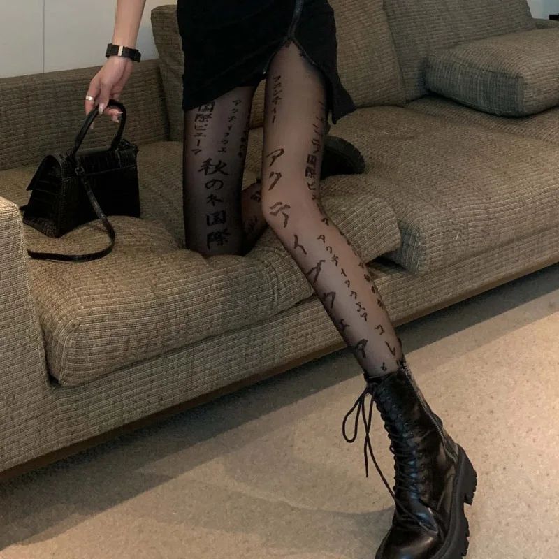 

Fashion Japanese Letter Spider Net Women Tights Sexy Black Fishnet Mesh Pantyhose Summer Hollow Out Stockings Female Hosiery