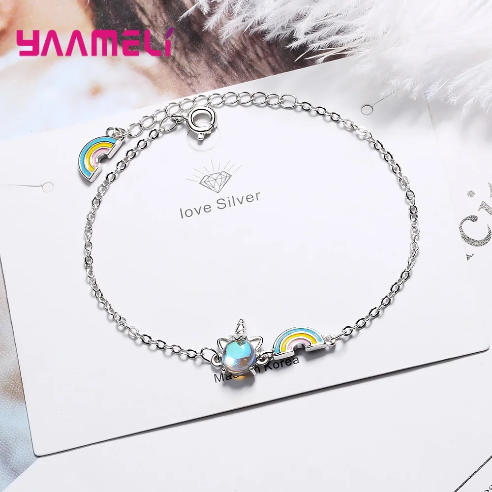 Новинка 2020 женские 925 пробы серебряный единорог радуга регулируемые браслеты