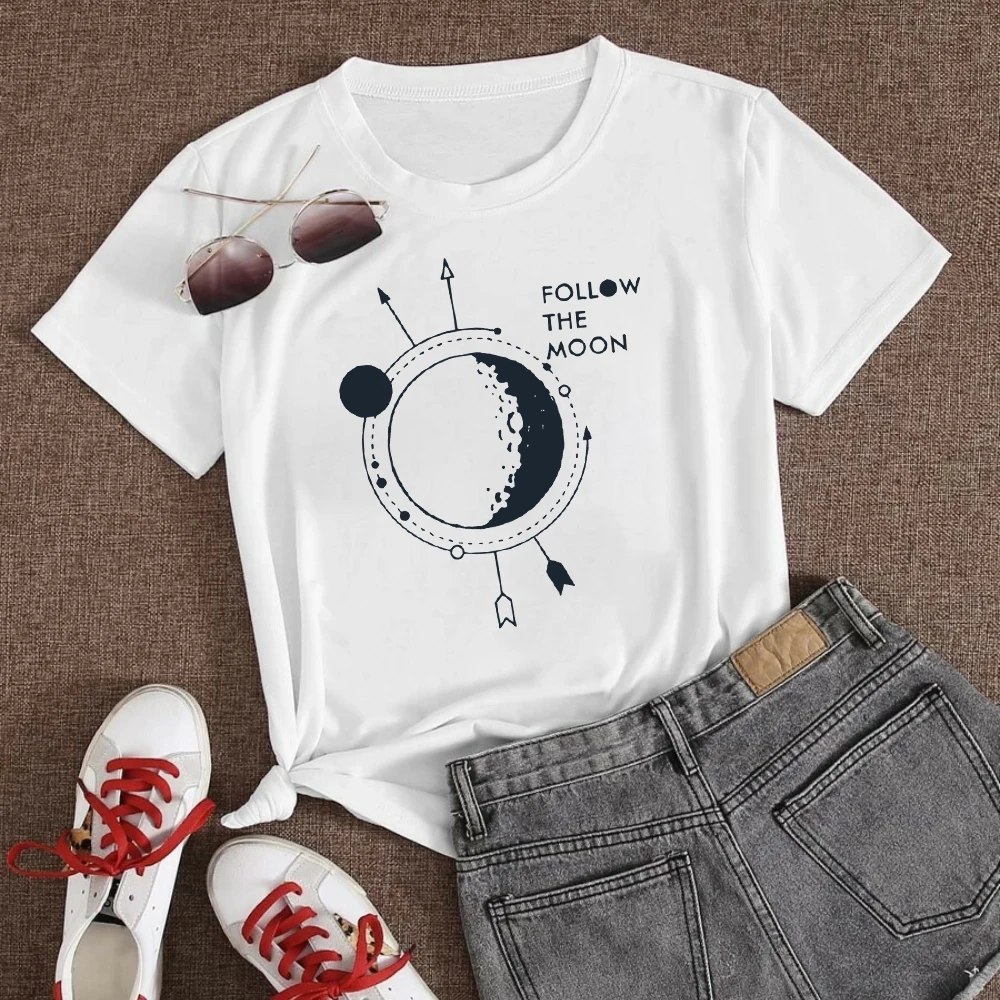 

Belief Cosmic Series Tshirt Women FOLLOW THE MOON Printed Shirt Simplicity Style White Creative Clothe Summer Top