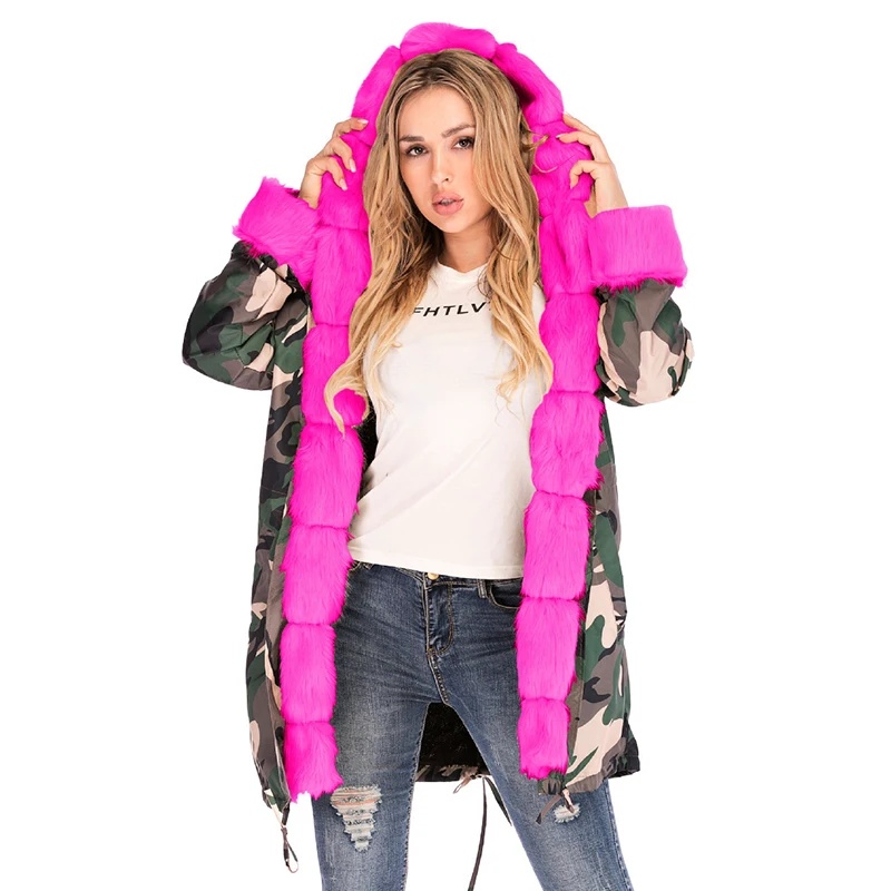 Женская зимняя куртка с камуфляжным принтом пальто капюшоном и длинным рукавом