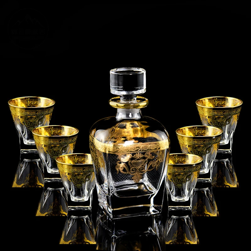 

novelty gold pattern bar 7 Pcs Whiskey Decanter Set with 6 Pcs old fashioned glass for Liquor Scotch Bourbon 210311-06