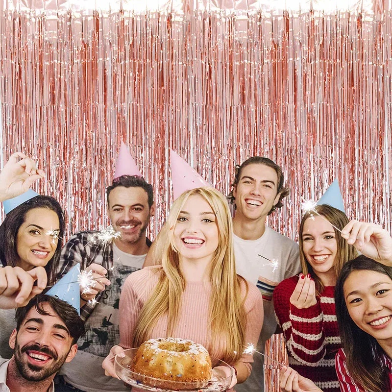 Party Backdrop Rose Gold Tinsel Fringe Foil Curtain Baby Shower Birthday Wedding Decoration Adult Anniversary Decor