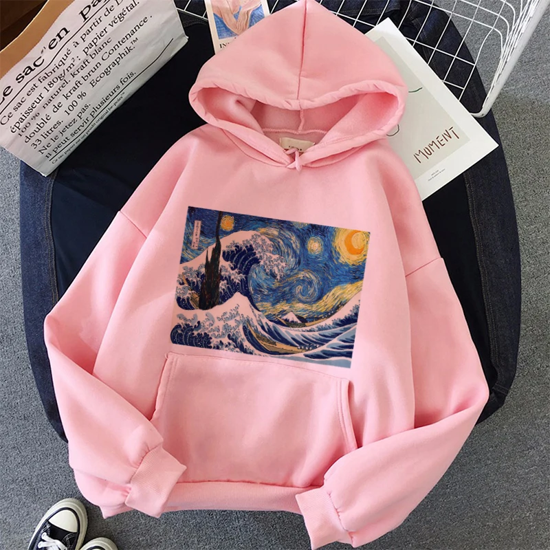 Harajuku Aesthetic Van Gogh Hooded Sweatshirts Women New Winter Fashion Art Graphic Vintage Pullovers Warm Pocket Jumper Hoodies