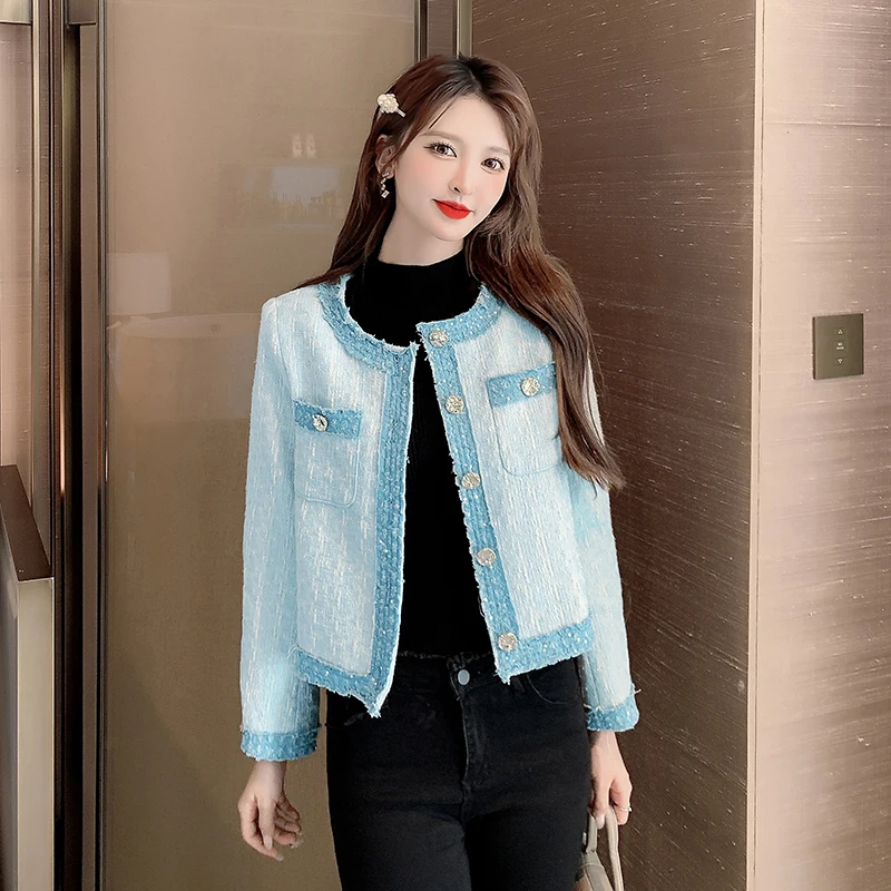

Женская твидовая куртка в винтажном стиле, короткая твидовая куртка из денима в стиле ретро, корейский стиль, верхняя одежда для осени