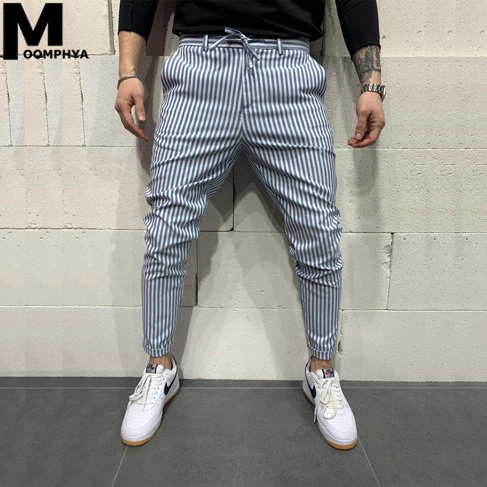

Moomphya 2020 New Stripes Casual Pants Joggers Men Skinny Long Pants Men Streetwear Slim Mens Trousers