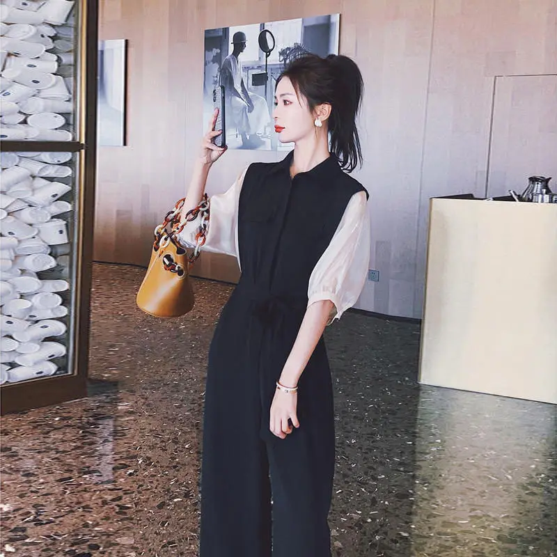 

Contrast work summer 2021 new waist loose sag nine wide leg pants jumpsuit