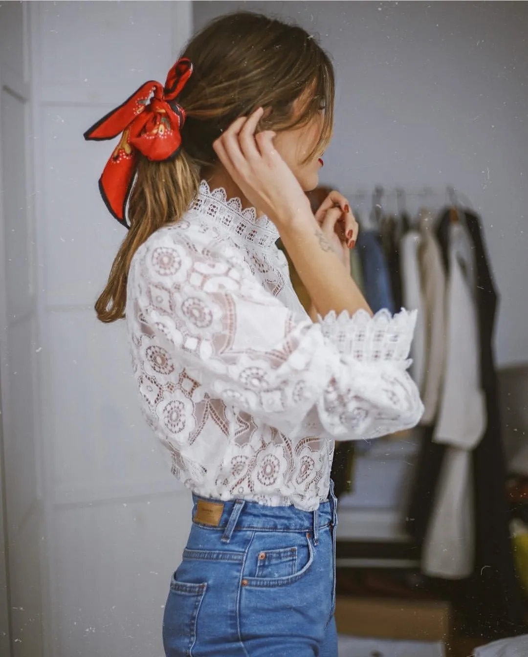 Женская кружевная блузка с длинным рукавом элегантная Свободная высоким вырезом