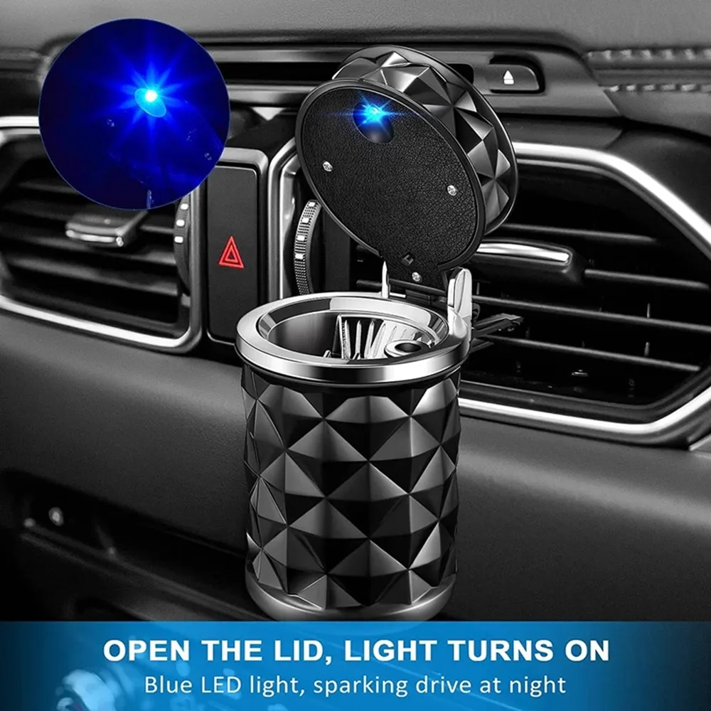 

LED Light Car Ashtray Universal Alloy Ash Tray Aluminum Cup Smokeless Auto Ashtray Flame Retardant Cigarette Cylinder Holder Box