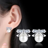 cute romantic bowknot back stud earrings shiny cz stone pearl butterfly geometric wedding earring piercing jewelry for women