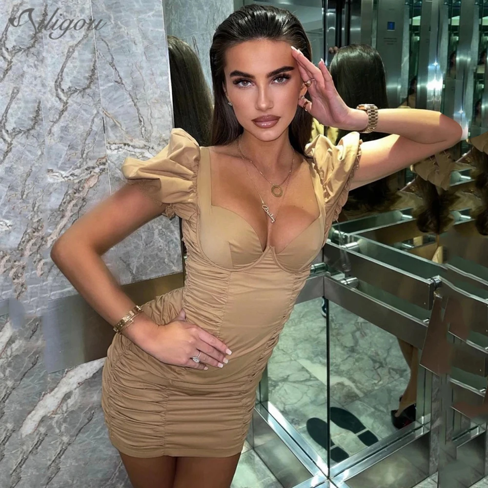 

Ailigou High Quality Women's Puff Sleeve Mini Skinny Sexy Draped Dress Summer V-neck Fashion 2021 Khaki Celebrity Party Dress
