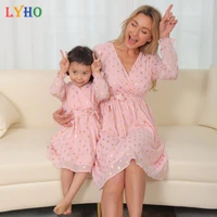 spring mother daughter macthing dresses family set sequin mom baby mommy and me clothes long sleeve v neck women girls dress