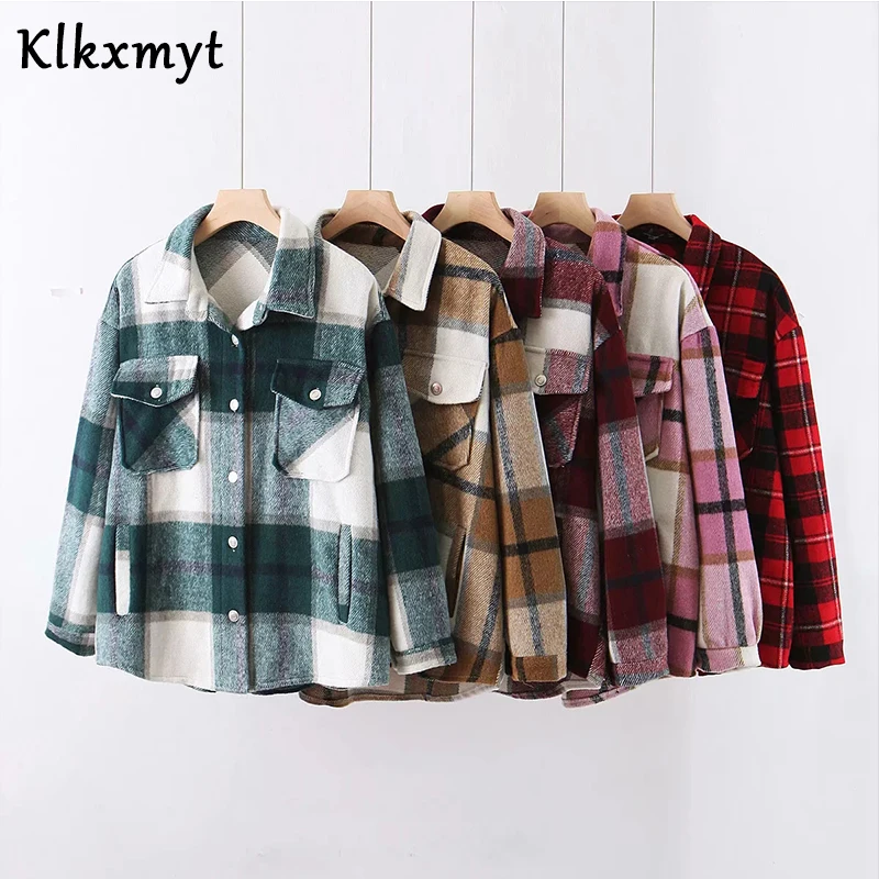 

Klkxmyt Plaid Jacket Women Coat 2020 Autumn Winter Vintage Stylish Pockets Oversized Jacket Coat Casual Warm Chic Tops