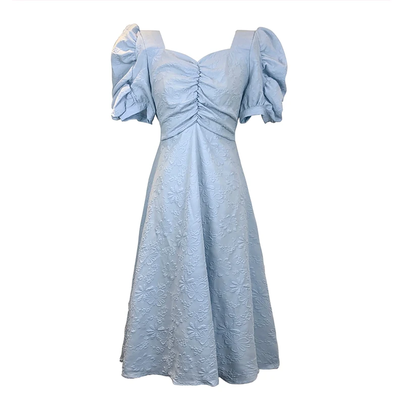 

Temperament folds slim mid-length large-length Dress female summer square collar short-sleeved elegant dress with clavicle
