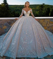 sexy church arabic dubai wedding dresses 2022 v neck long sleves glitter sequins beadings bridal gown plus size mariage