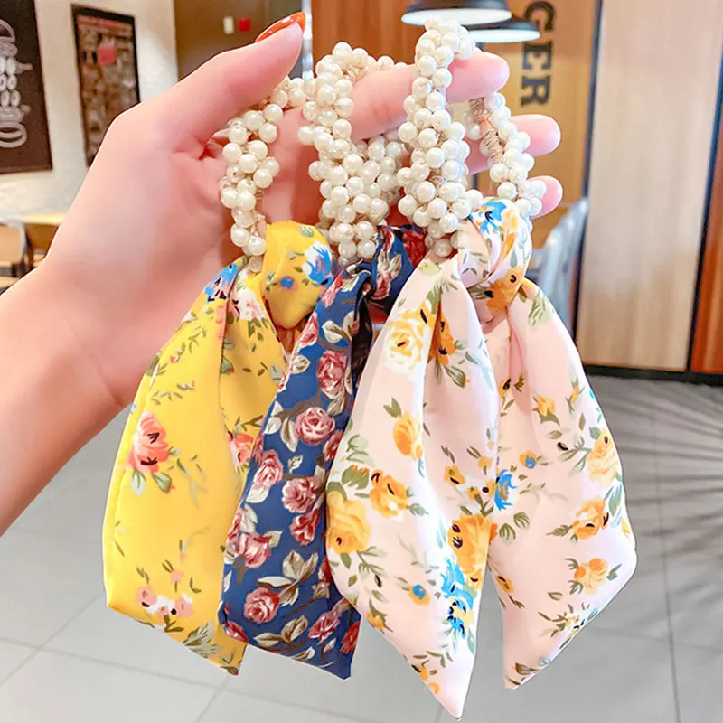 

Floral Pearl Hair Bands Women Scrunchie Ponytail Holder Pearl Beads Girls Hair Bands Elastic Rubber Rope Ties Hair Accessories