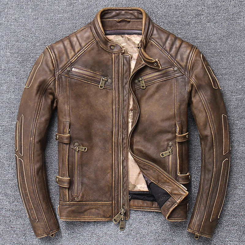

Vintage Brown 2021 Motorcycle Style Genuine Leather Jacket Men Plus Size 5XL Real Cowhide Winter Slim Fit Biker‘s Natural Coat