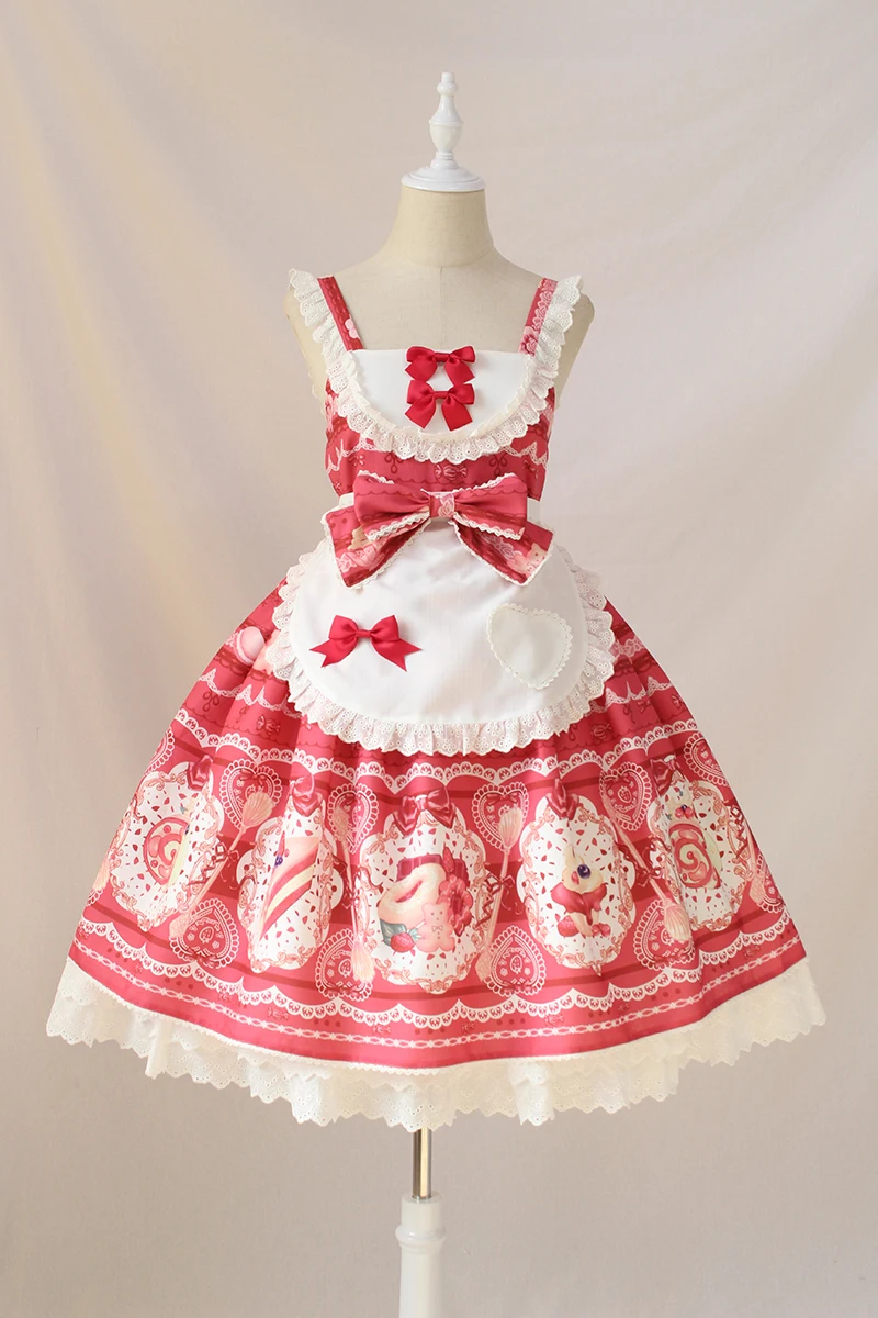 Красный Сладкий пустыня печатных Лолита JSK платье с фартуком Alice Girl~ Ограниченное количество - Цвет: Красный