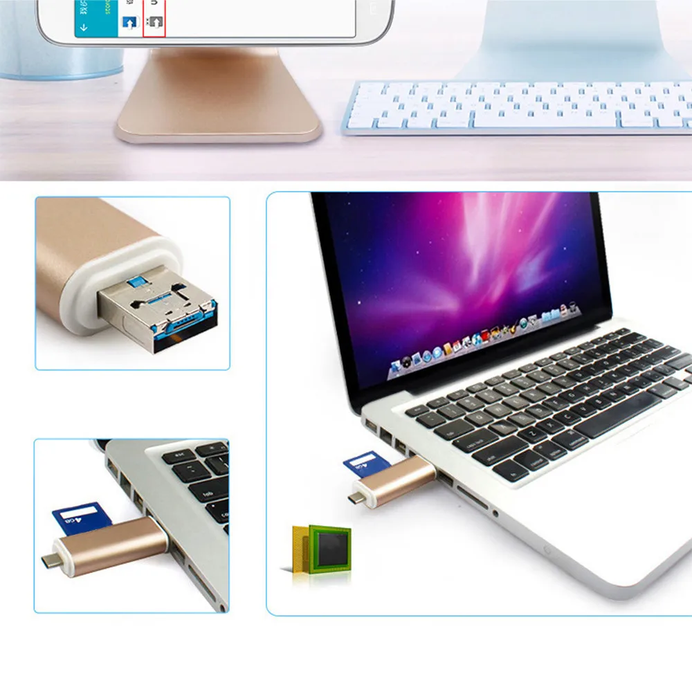 Кард-ридер портативный алюминиевый сплав USB 2 0 3 в 1 Тип C Micro комбо слота устройство
