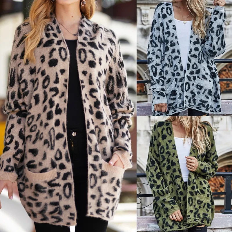 

Leopard Print Knitted Long Cardigans Sweater Women Long Sleeve Vintage Cardigan Jumper Casual Outfit
