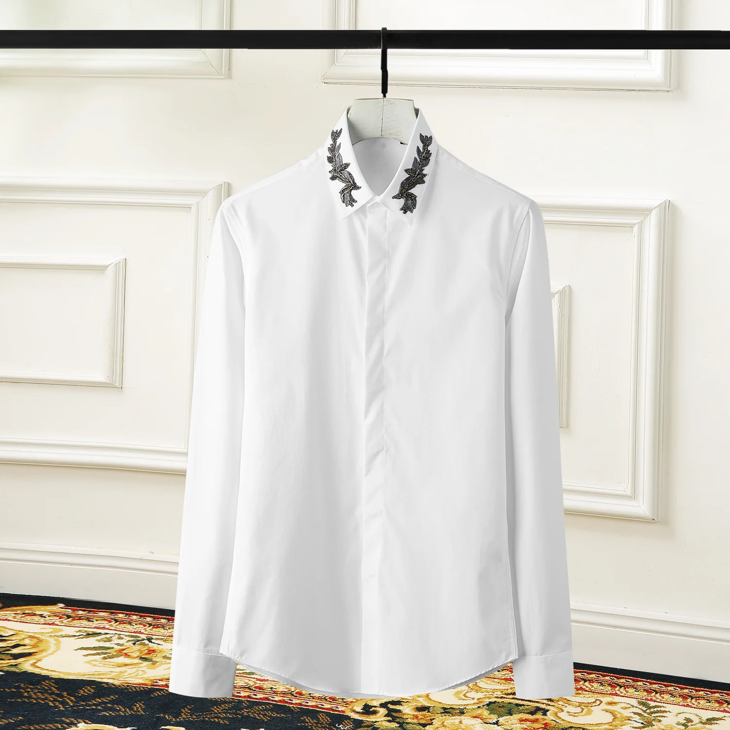 Minglu Black White Men Shirts Luxury India Wire Embroidery Long Sleeve Mens Plus Size 3XL 4XL Slim Fit Dress | Мужская одежда