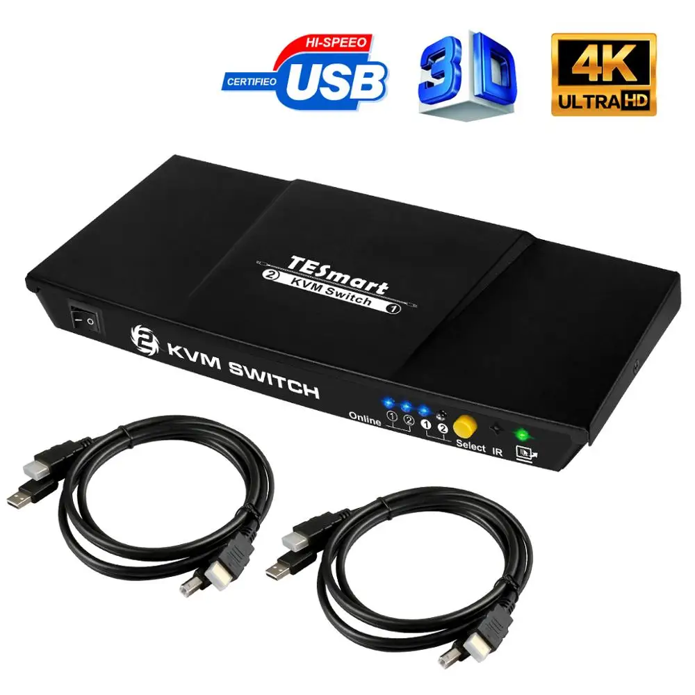 TESmart HDMI KVM Switch 4Kx2K@30Hz Ultra HD 2x1 HDMI Switch KVM 1080P 3D with IR Remote & 2 Pcs 5ft KVM Cables