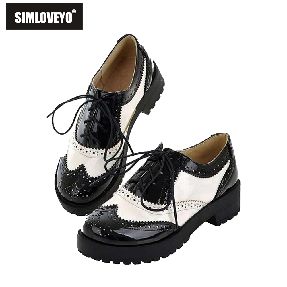 

SIMLOVEYO British style women brogue shoes cross tied mixed color round toe wingtip oxfords casual footwear sapatos chaussures