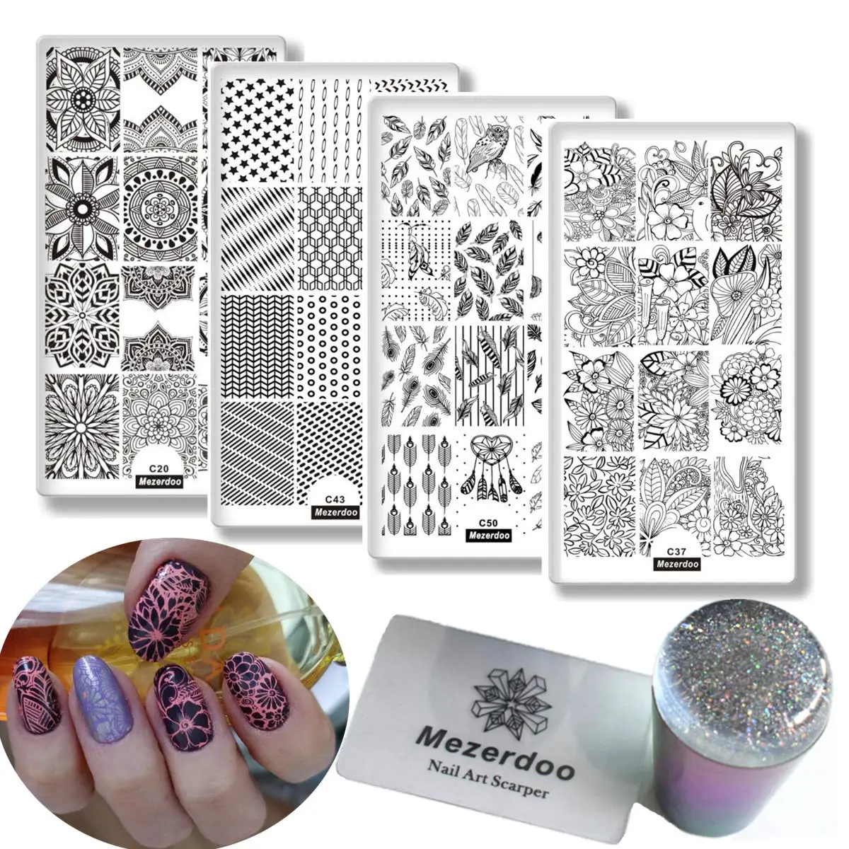 4 шт. прямоугольные пластины для стемпинга ногтей + 1 Радужный штамп СКРЕБОК НАБОР