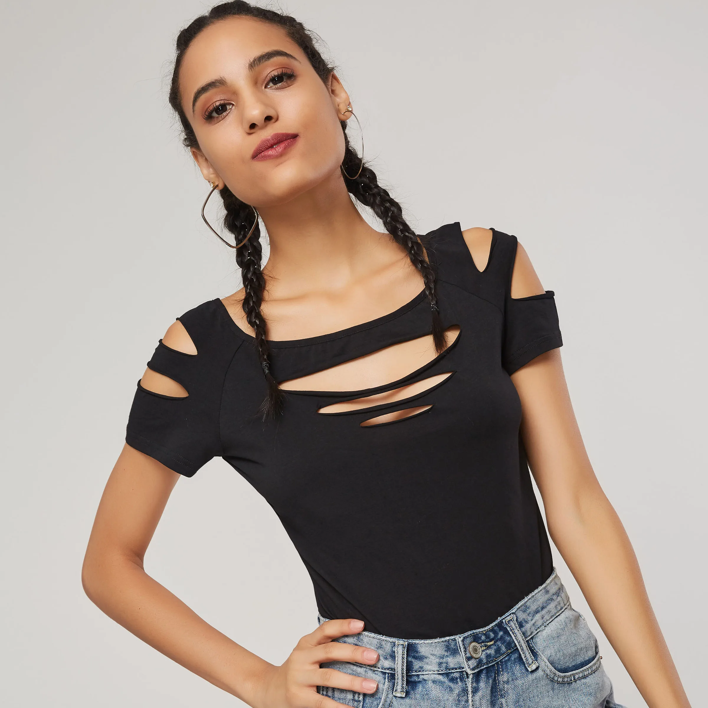 Rosetic Ripped футболка Летняя 2020 Сексуальная женская с открытыми плечами коротким