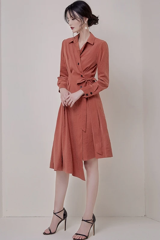 

COIGARSAM Vintage Women dress New Spring Dresses Caramel Color 284