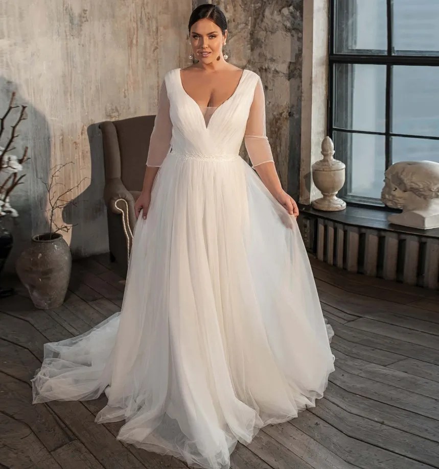 

Elegant Wedding Dresses Plus Size Women V Neck Half Sleeves Pleats Bridal Gown with Appliqued Sashes Robe de Mairee