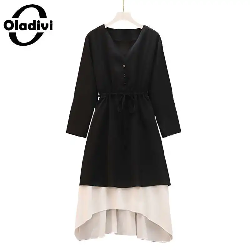

Oladivi размера плюс, женская одежда с длинным рукавом, черное платье-рубашка, модное женское платье, весна 2020, Новые повседневные платья миди, ж...