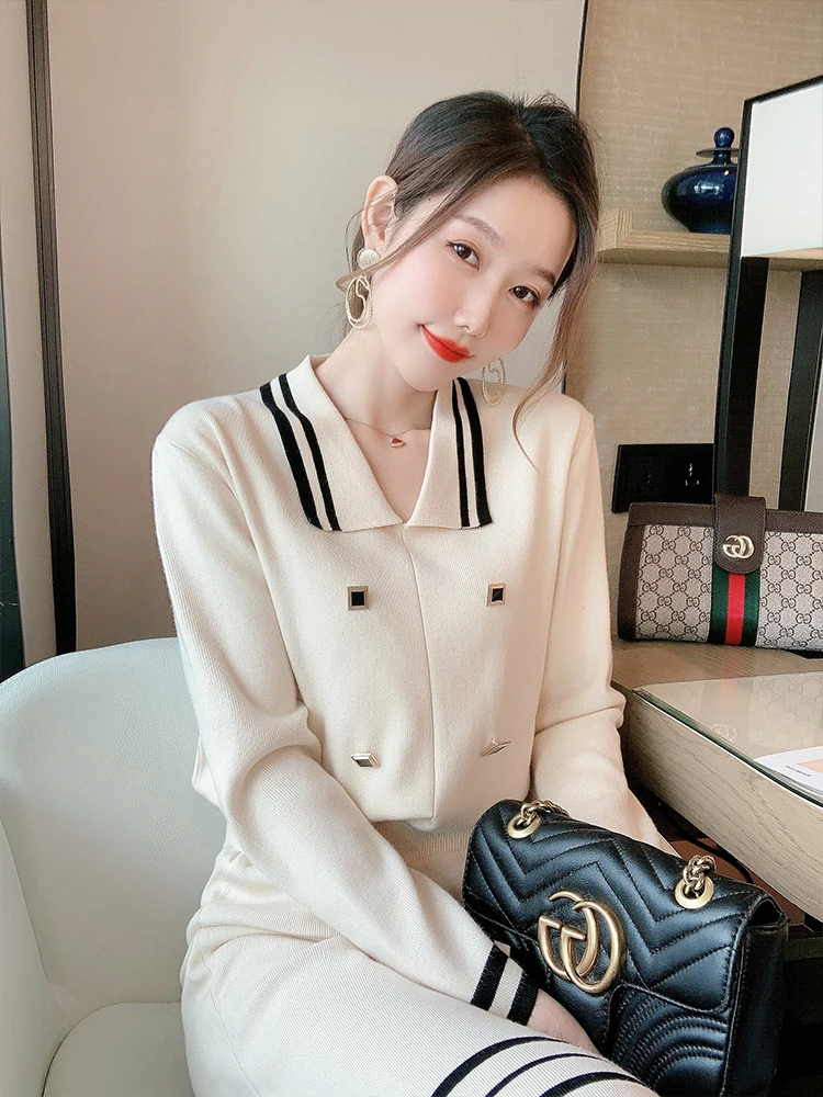 

Fashion casual suit 2020 new women's polo collar T-shirt hip skirt small fresh autumn and winter two piece set