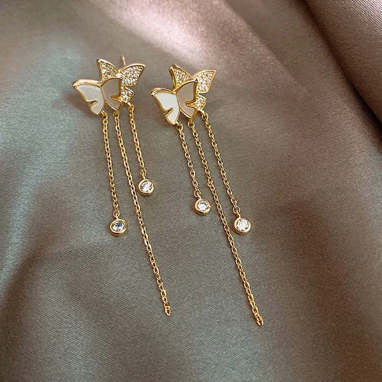 

Fashion temperament butterfly long tassel earrings diamond Joker earrings