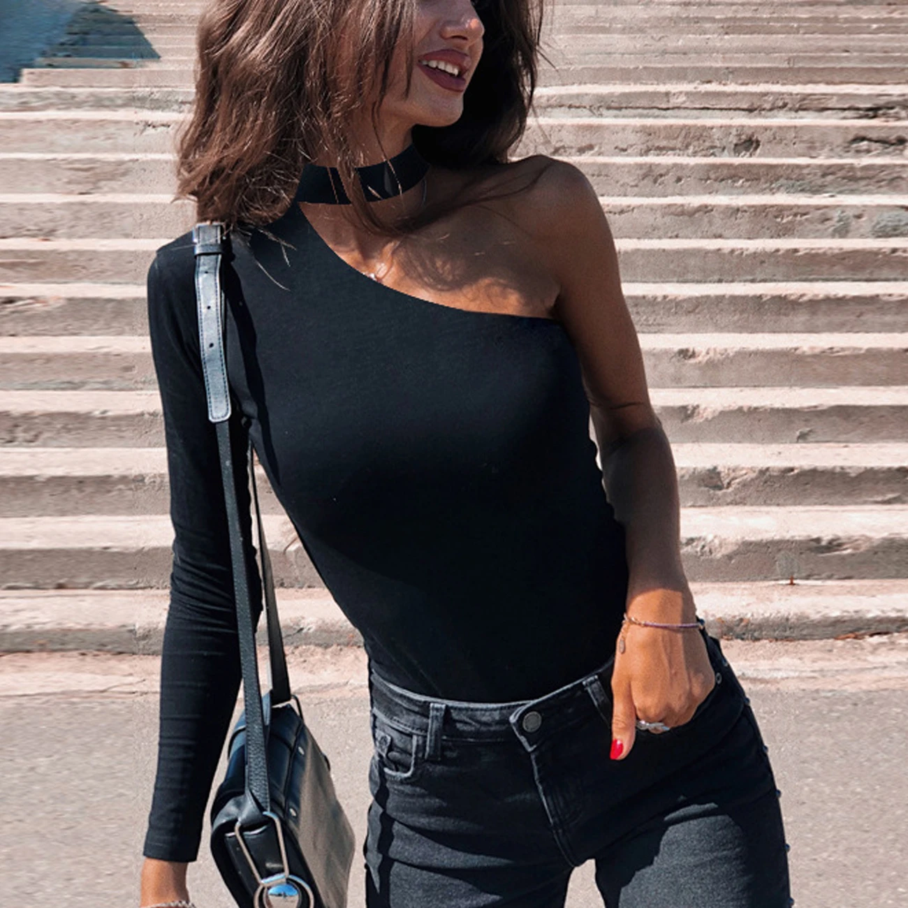 

Weigou Women Bodysuit Tops Halter One Shoulder Long Sleeve Bodycon Jumpsuit Stretch Romper Leotard Tops