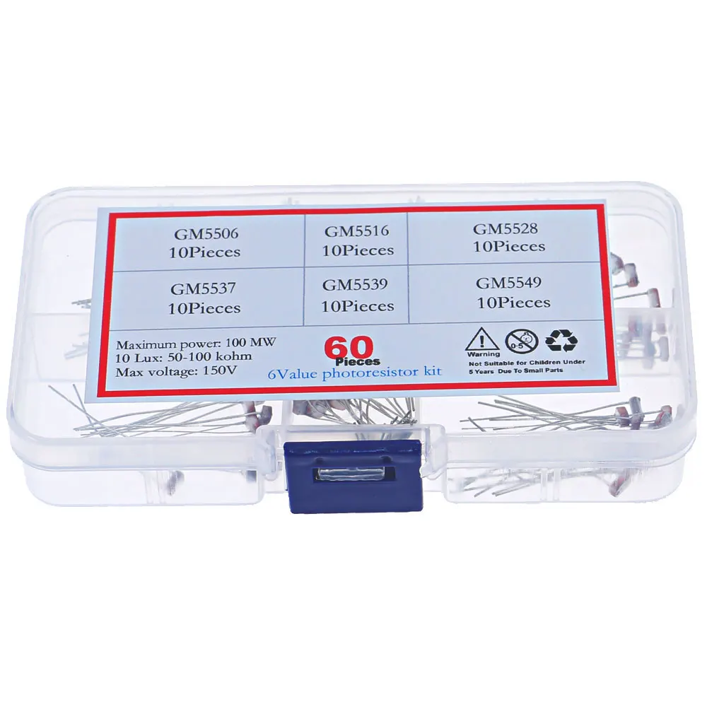 60pcs/Box 6Kinds*10pcs GL5506 GL5516 GL5528 GL5537GL5539 GL5549 PhotoResistor kit Sample Assort Photosensitive Resistance |