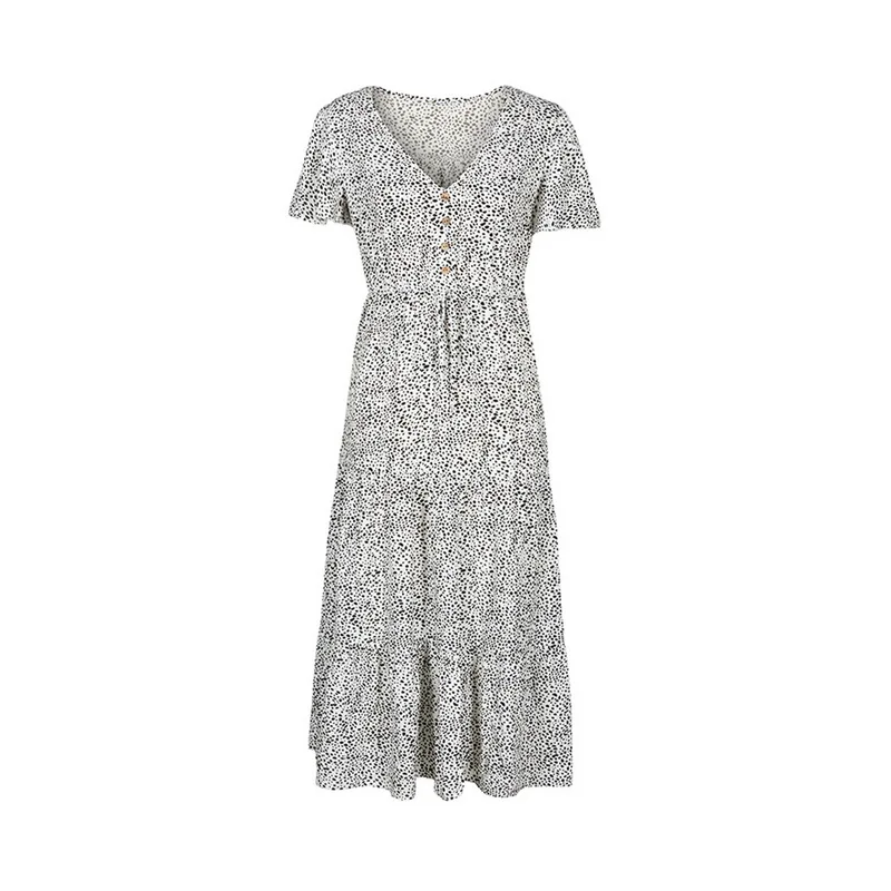 

2021 New Spring Print Long Dress Women V Neck Short Sleeve Lace Up Button Dress For Woman Sexy Leopard Summer Dress