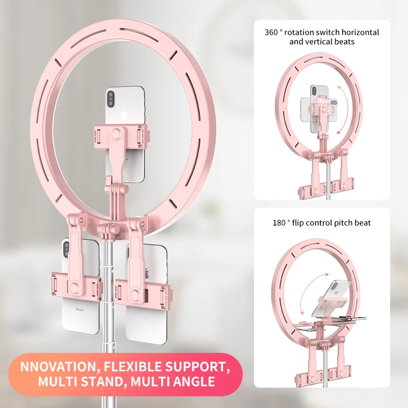 Selfie Ring Light With 3 Cell Phone Holders and 20'' to 66'' Extensible Stand Color Temp Adjustment & 3 Lighting Modes for Live