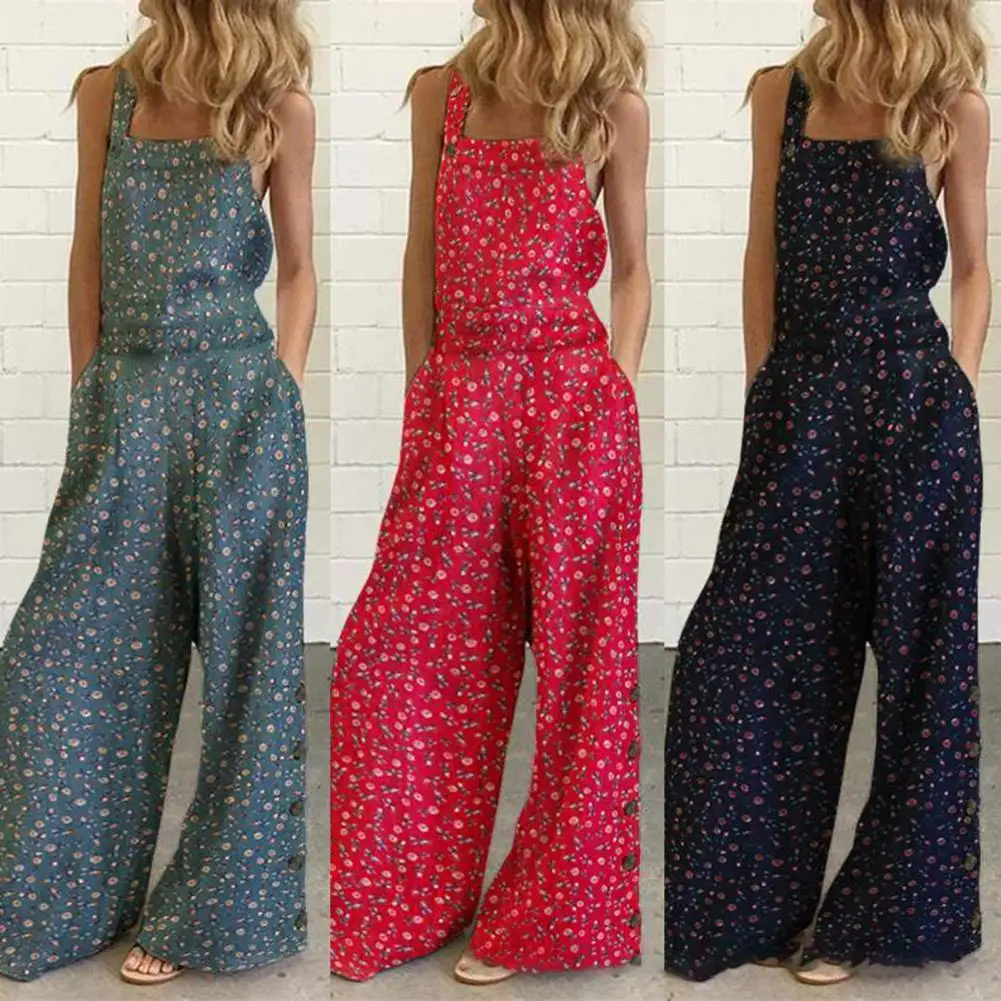 

Women Jumpsuits Loose Wide Leg Playsuits Overall Ladies Casual Romper Floral Print Sling Backless Loose Jumpsuit for Going Out