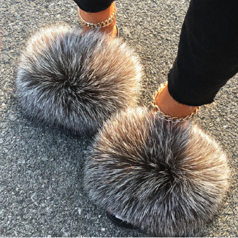 

Wholesale Real Fox Fur Slippers Slides Lady Summer Flip Flops Cute Holiday Fluffy Raccoon Fur Sandals Shoes Fur Coverage 99%