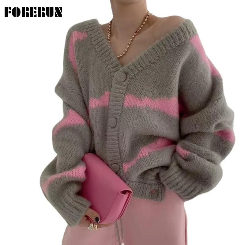 

FORERUN Striped Sweater Women Oversized Cardigan V Neck Single Breasted Button Down Long Sleeve Top Knitted Autumn Outwear
