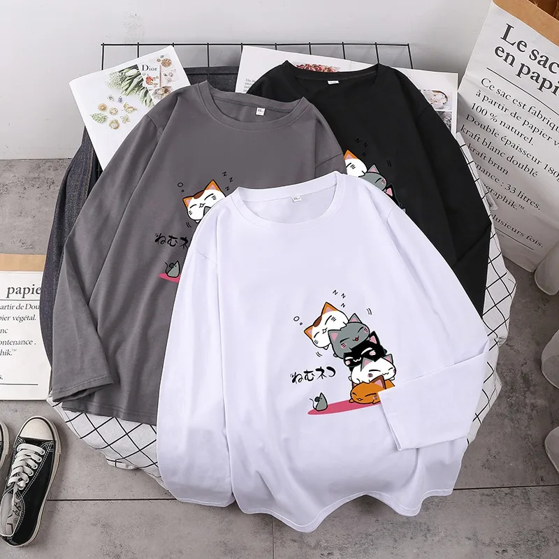 

women long sleeve tshirt cartoon cat cute funny cotton autumn home loose oversize underwear tees plus size 8XL 9XL 10XL tops 58