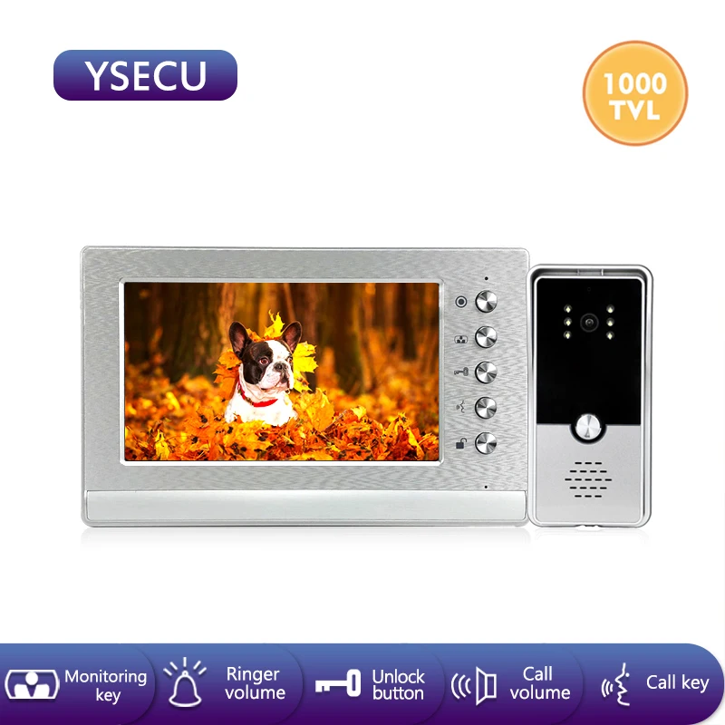 YSECU 7 дюймов 1000TVL Серебряный HD видеодомофон комплект для домашней безопасности, видеодомофон с замком, видеодомофон, видео дверной звонок