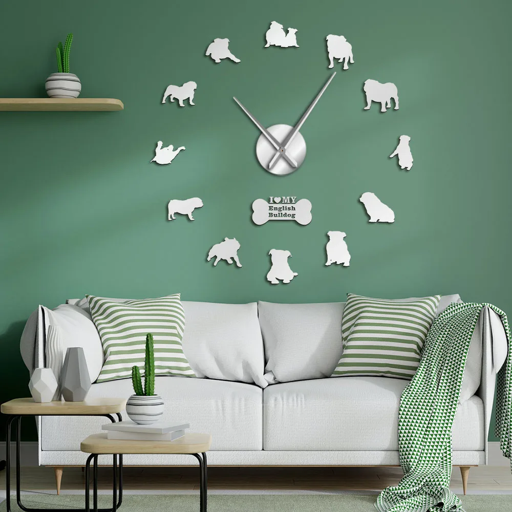 

English Bulldog 3D DIY Wall Clock With Cute Bone British Bulldog Dog Pet Shop Mirrors Surface Clock Watch
