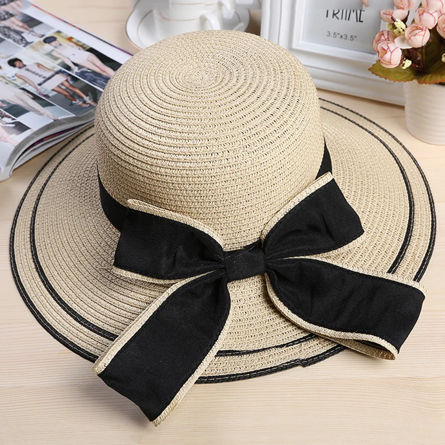 

Summer Women's Bow Tie Straw Hat Fashion Sun Hats For Women New Style Casual Large Sun Visor Wind Rope Fixing Beach Hat