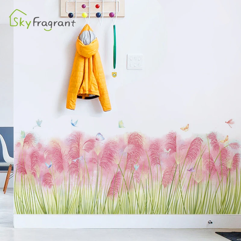 

Pink girl heart ins grass plant wall sticker bedroom stickers self-adhesive living room baseboard home entrance decoration