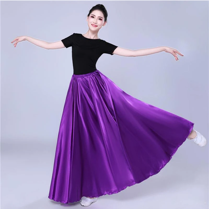 

360 Degree Satin Skirt Belly Dance Women Gypsy Long Skirts Dancer Practice Wear Assorted Solid Purple Gold Dance Skirt
