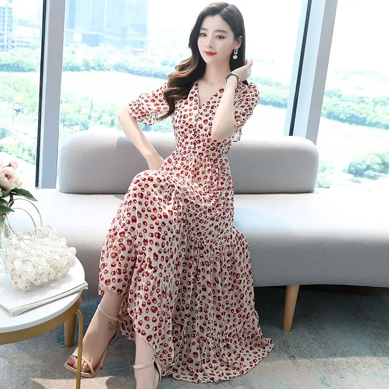 

2021 New Summer Women's Dress Fashion Slim Chiffon Print Floral Dress Casual Short Sleeve Elegant Office Lady Dresses